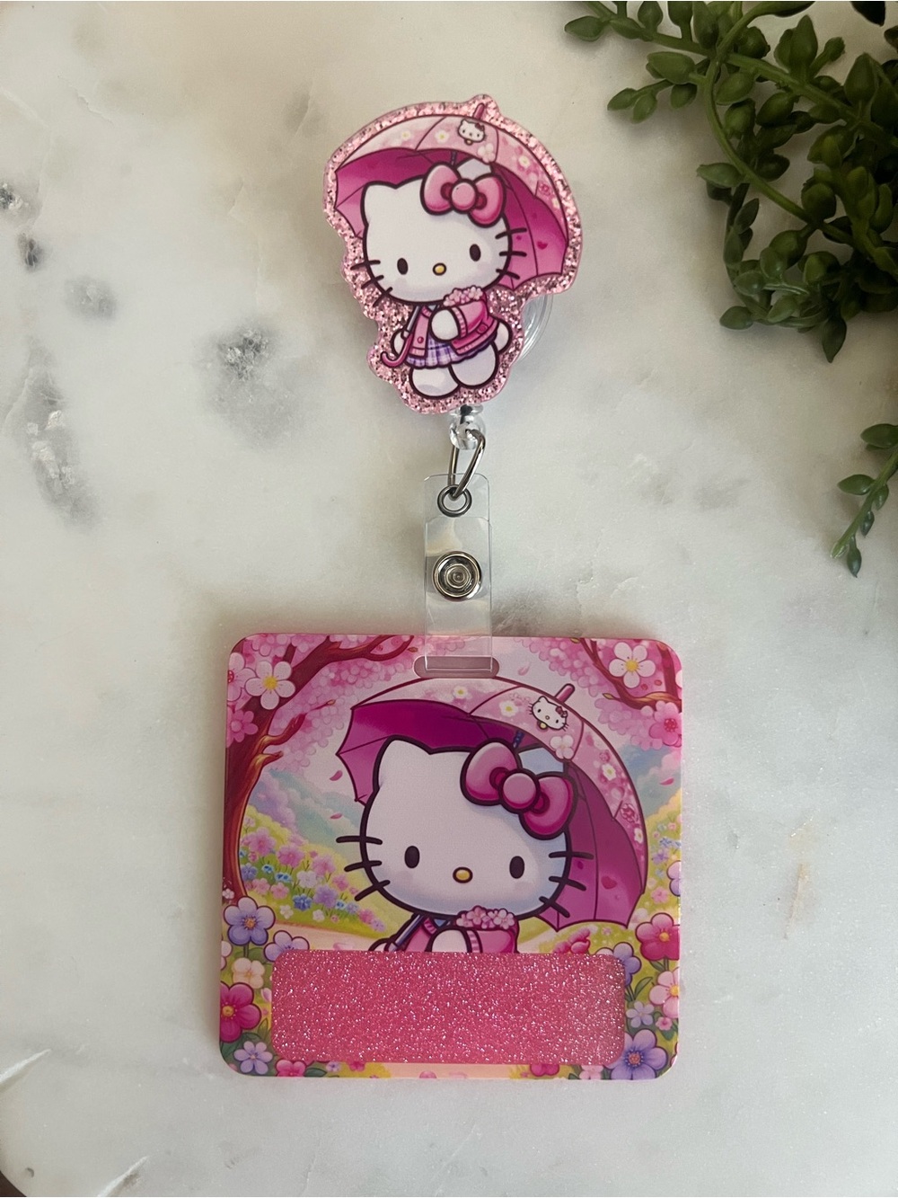 Pink Bow Kitty Glitter Badge Reel & ID Buddy